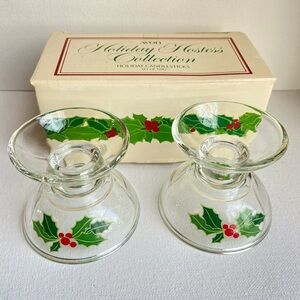 Vintage Avon glass Holiday Hostess Christmas holly taper candle holders with box